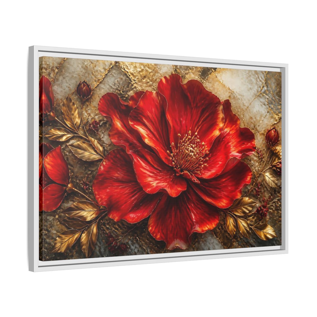 Side Mockup 10. Gilded Ruby Blossom shown as framed canvas print