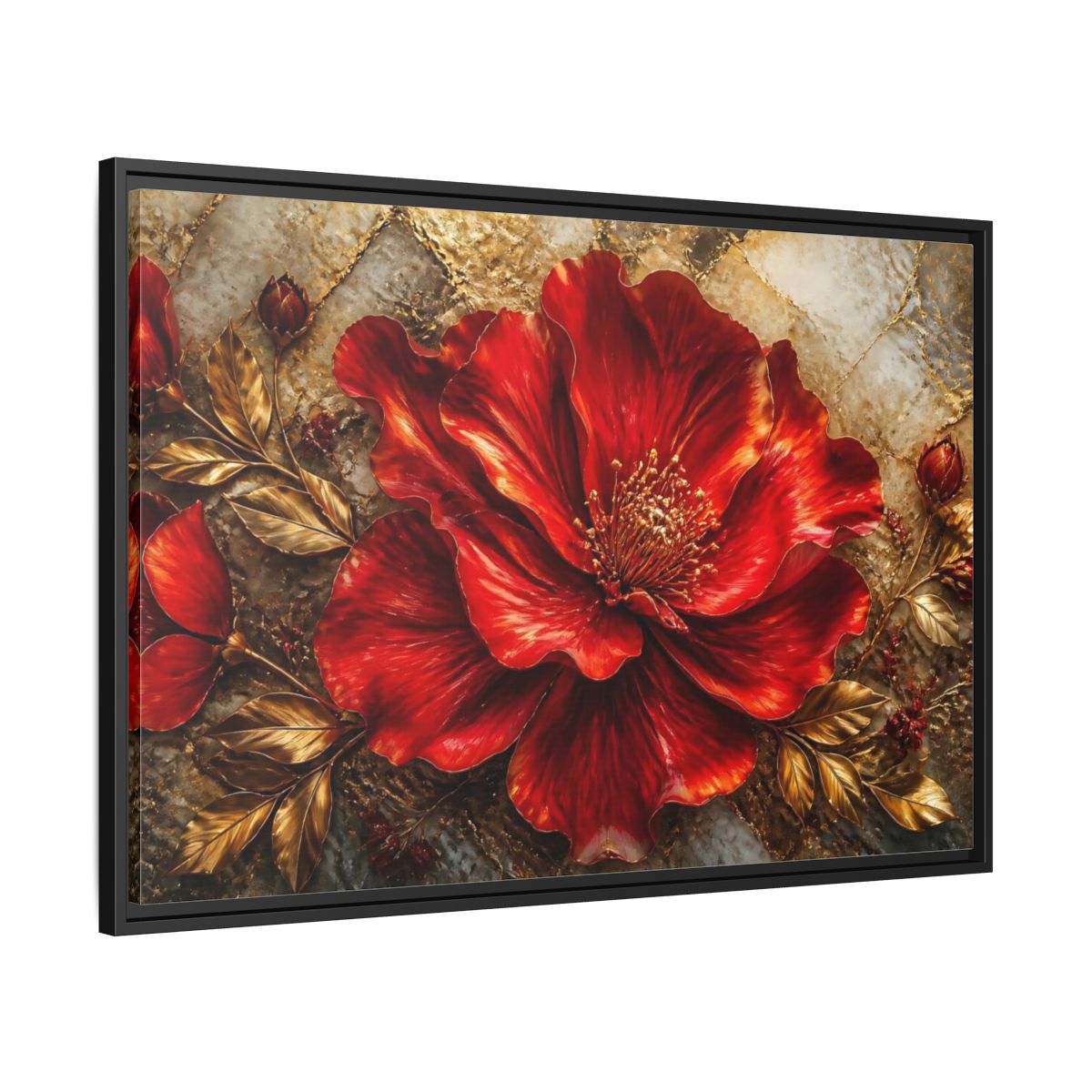 Side Mockup 13. Gilded Ruby Blossom shown as framed canvas print