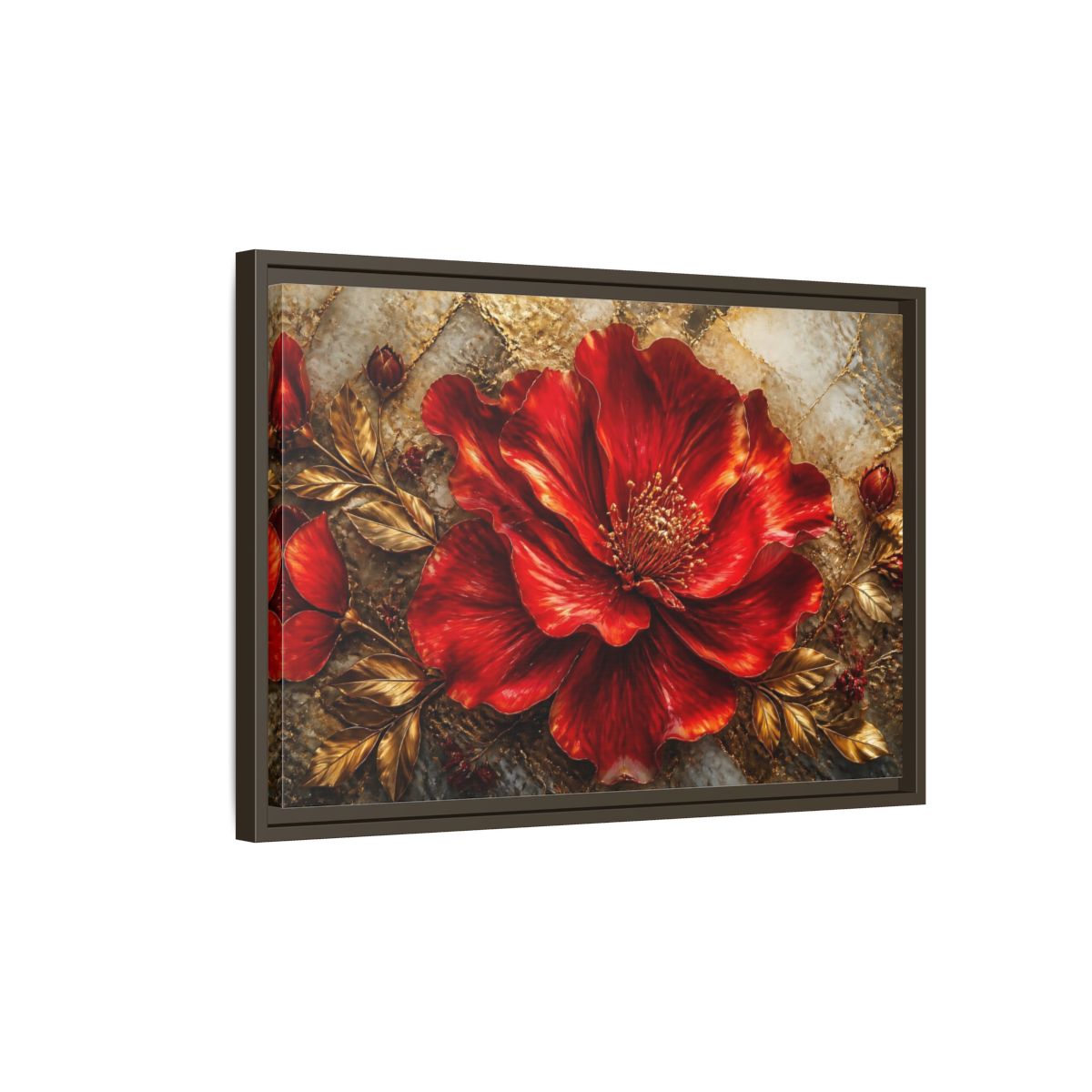 Side Mockup 2. Gilded Ruby Blossom shown as framed canvas print