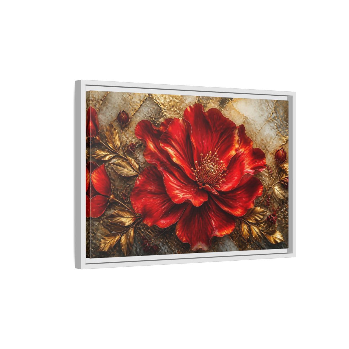 Side Mockup 1. Gilded Ruby Blossom shown as framed canvas print