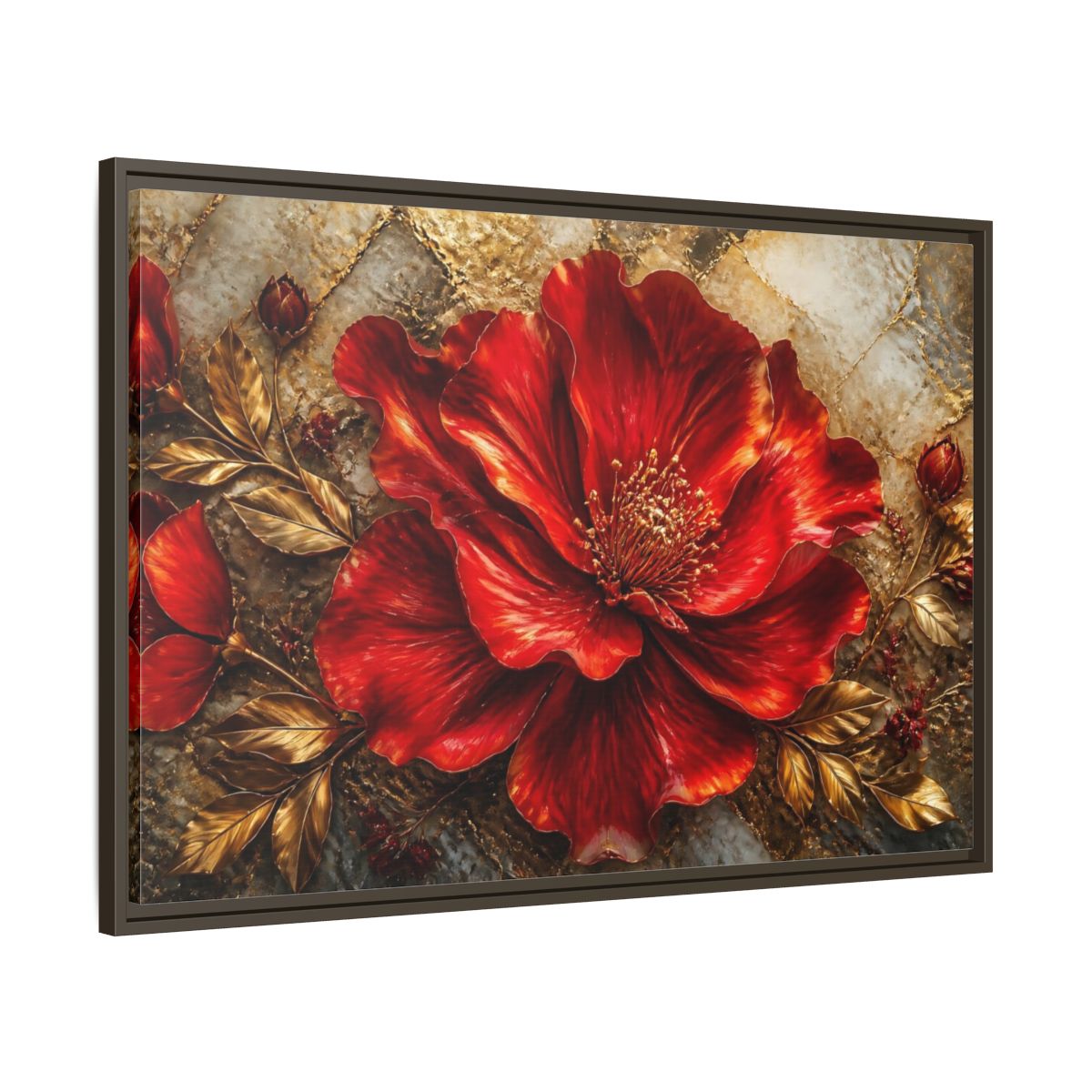 Main Mockup. Gilded Ruby Blossom shown as framed canvas print