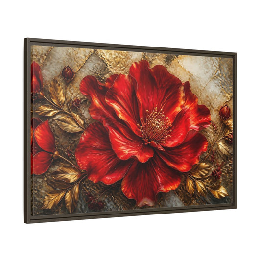 Main Mockup. Gilded Ruby Blossom shown as framed canvas print