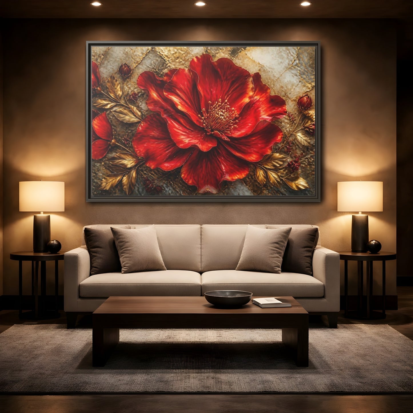 Mockup 2. Gilded Ruby Blossom shown as framed canvas print