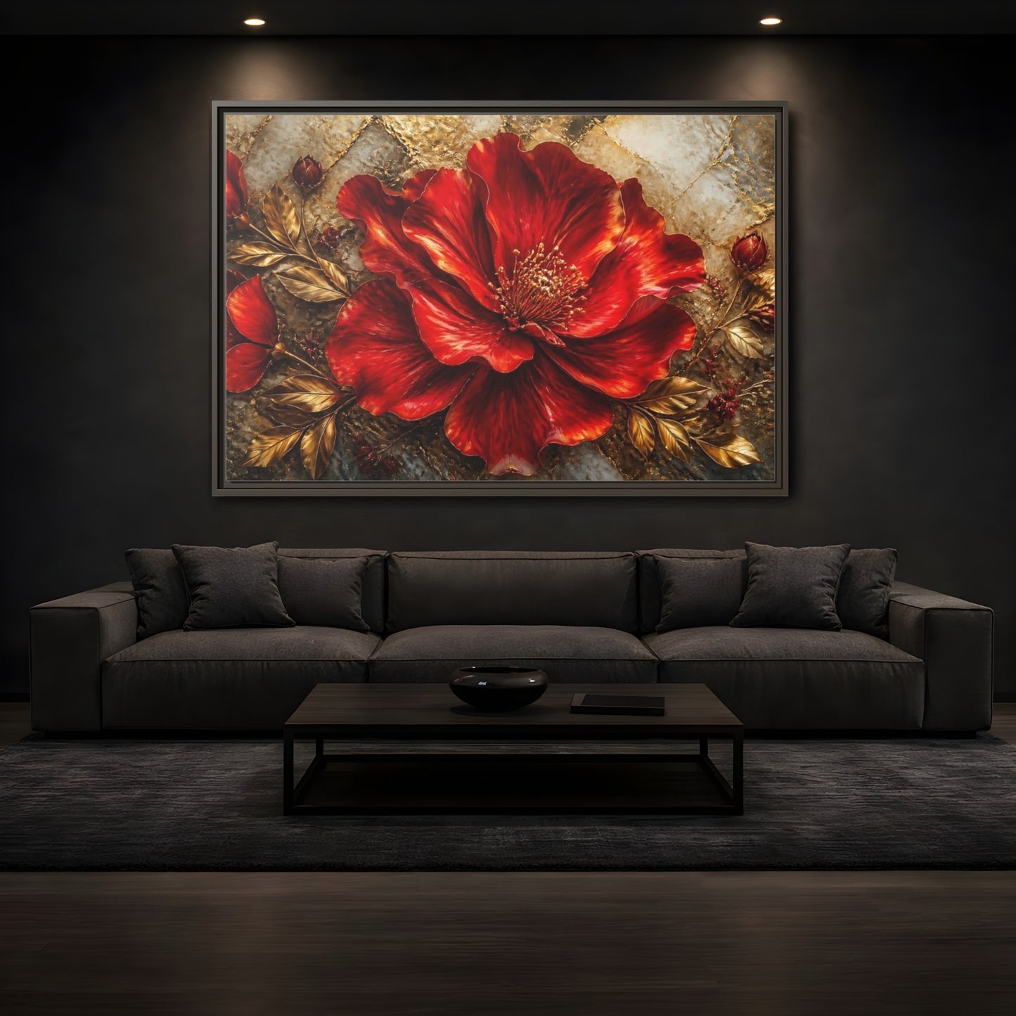 Mockup 3. Gilded Ruby Blossom shown as framed canvas print
