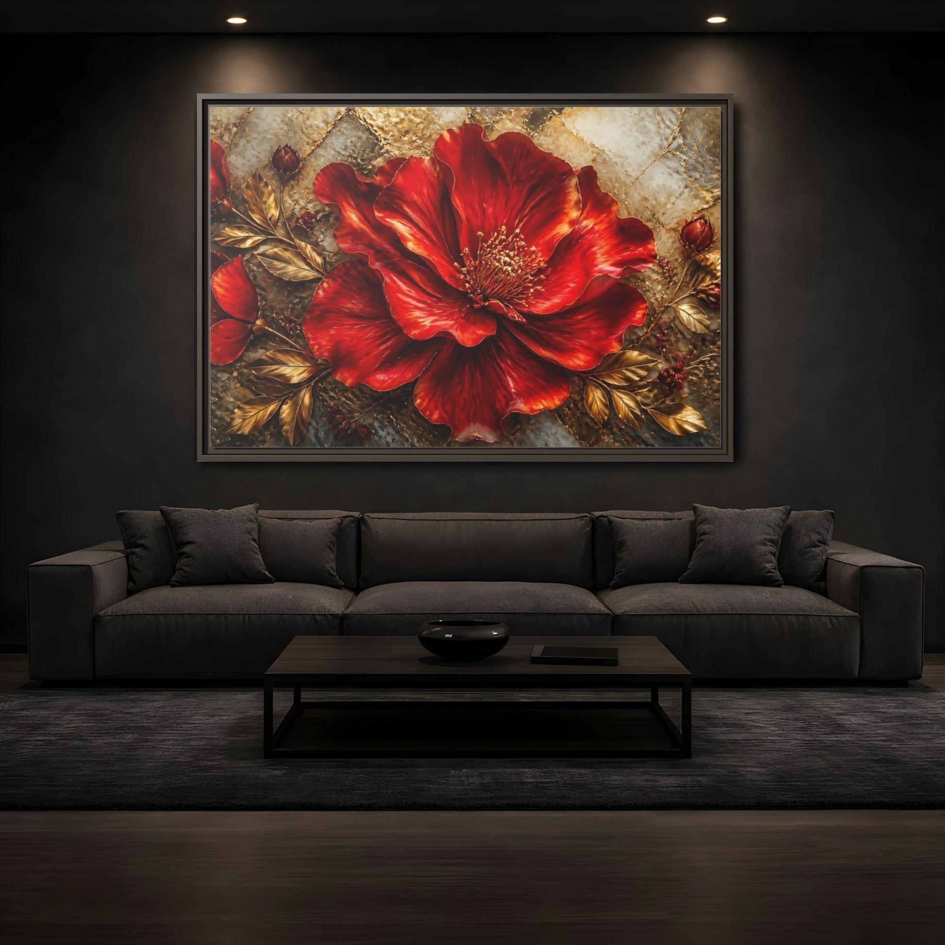 Mockup 3. Gilded Ruby Blossom shown as framed canvas print
