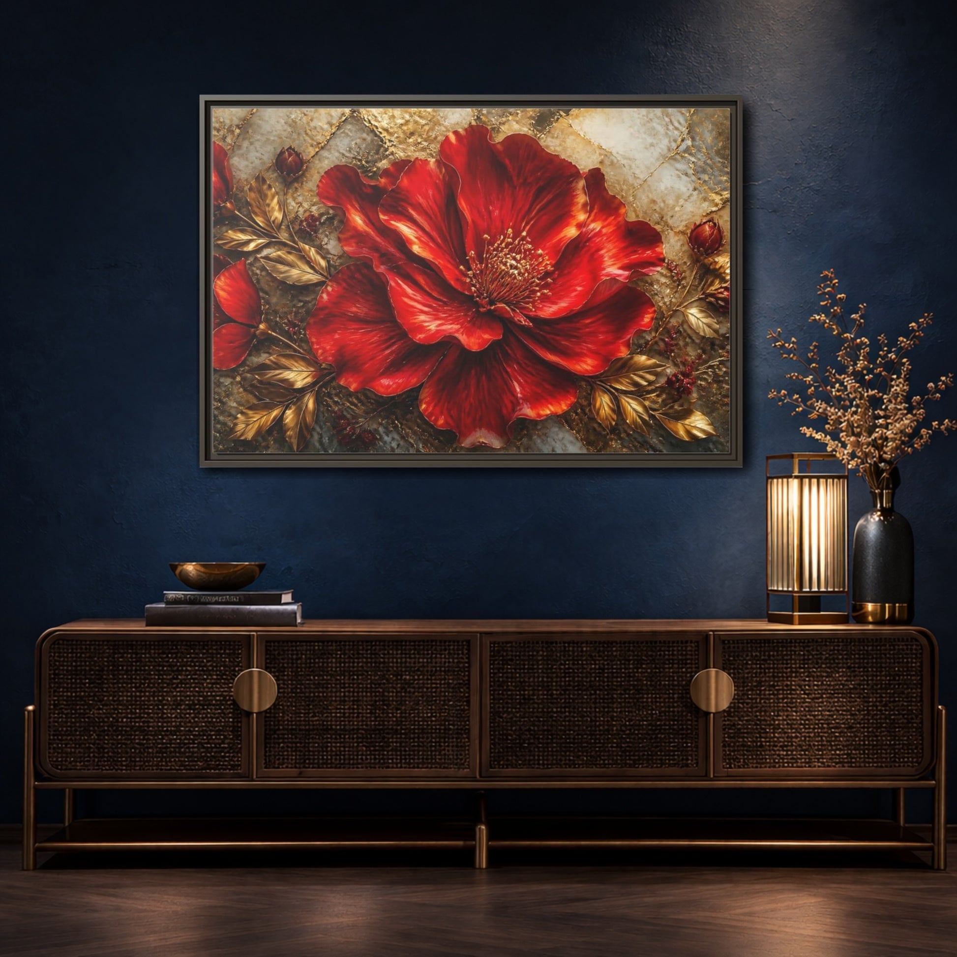 Mockup 4. Gilded Ruby Blossom shown as framed canvas print