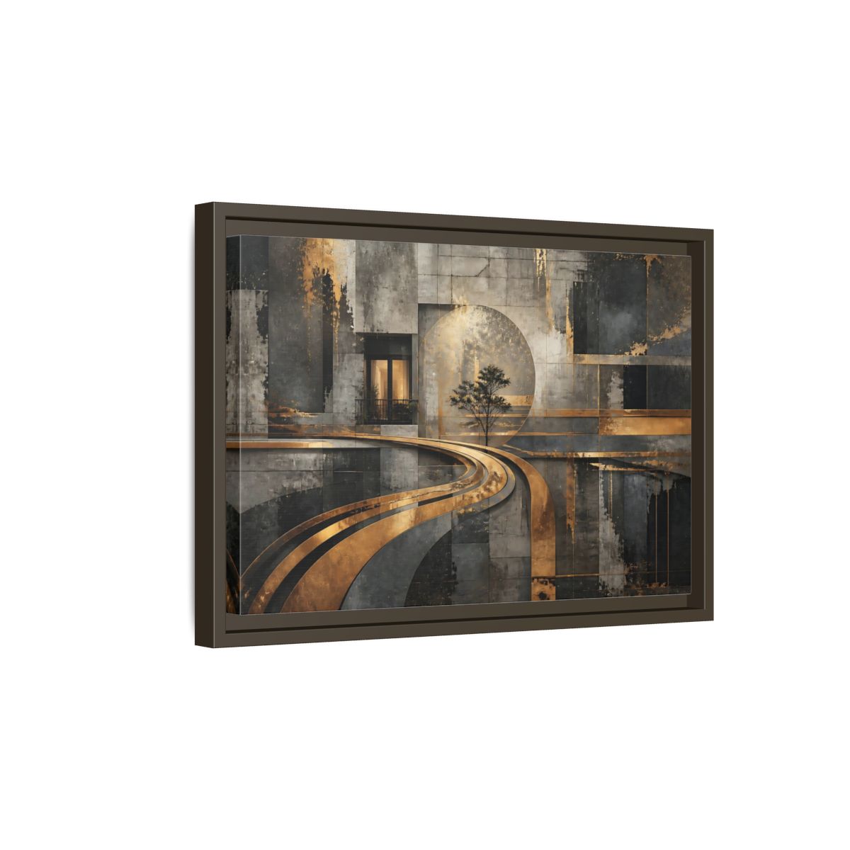 Side Mockup 5. Gilded Urban Passage shown as framed canvas print