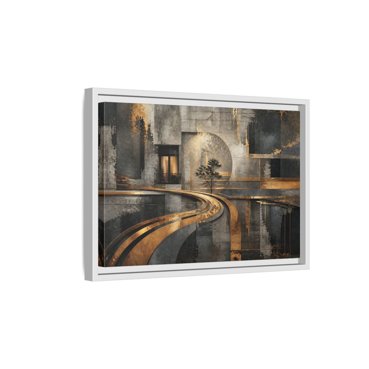 Side Mockup 4. Gilded Urban Passage shown as framed canvas print