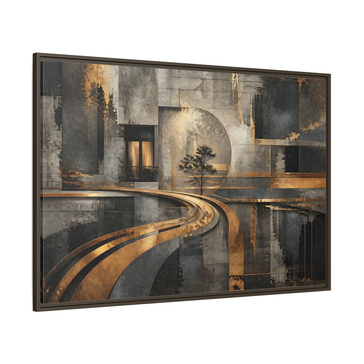 Side Mockup 8. Gilded Urban Passage shown as framed canvas print