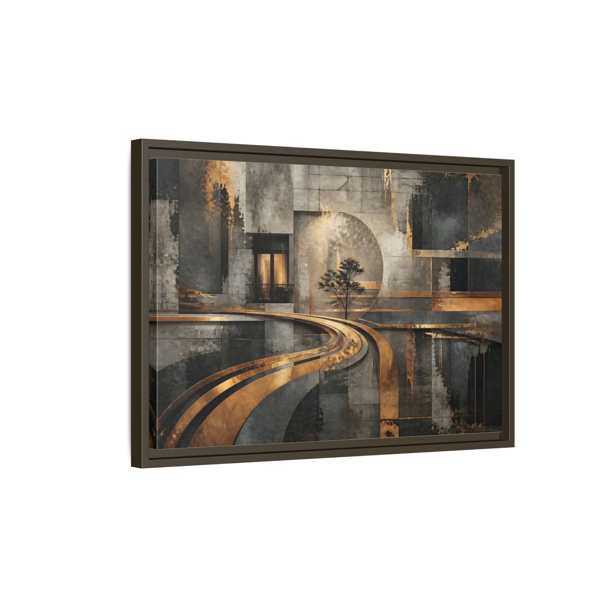 Side Mockup 2. Gilded Urban Passage shown as framed canvas print