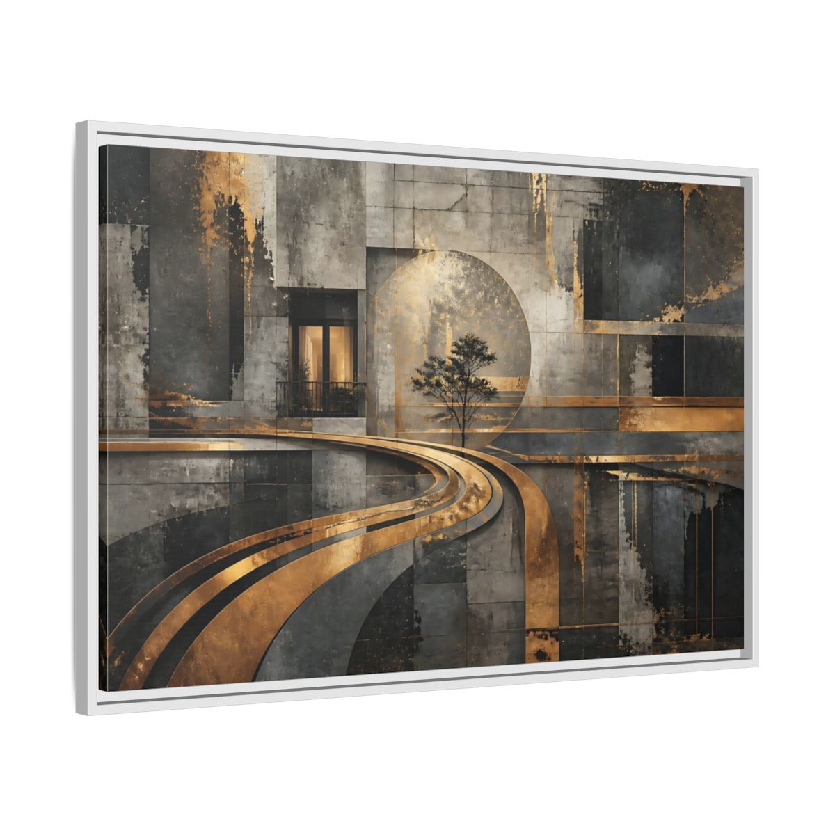 Side Mockup 9. Gilded Urban Passage shown as framed canvas print