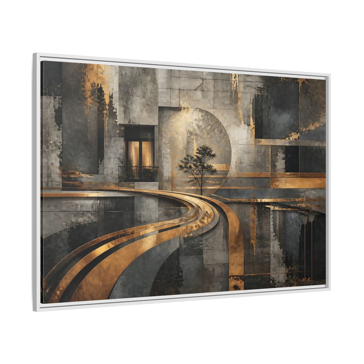 Side Mockup 7. Gilded Urban Passage shown as framed canvas print