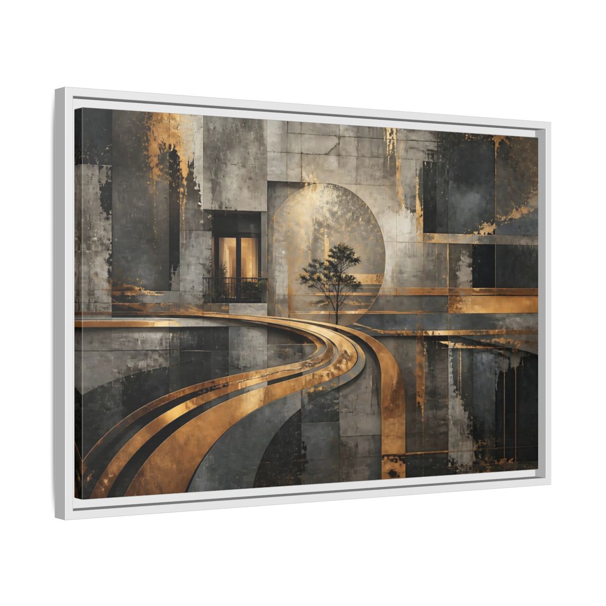 Side Mockup 10. Gilded Urban Passage shown as framed canvas print