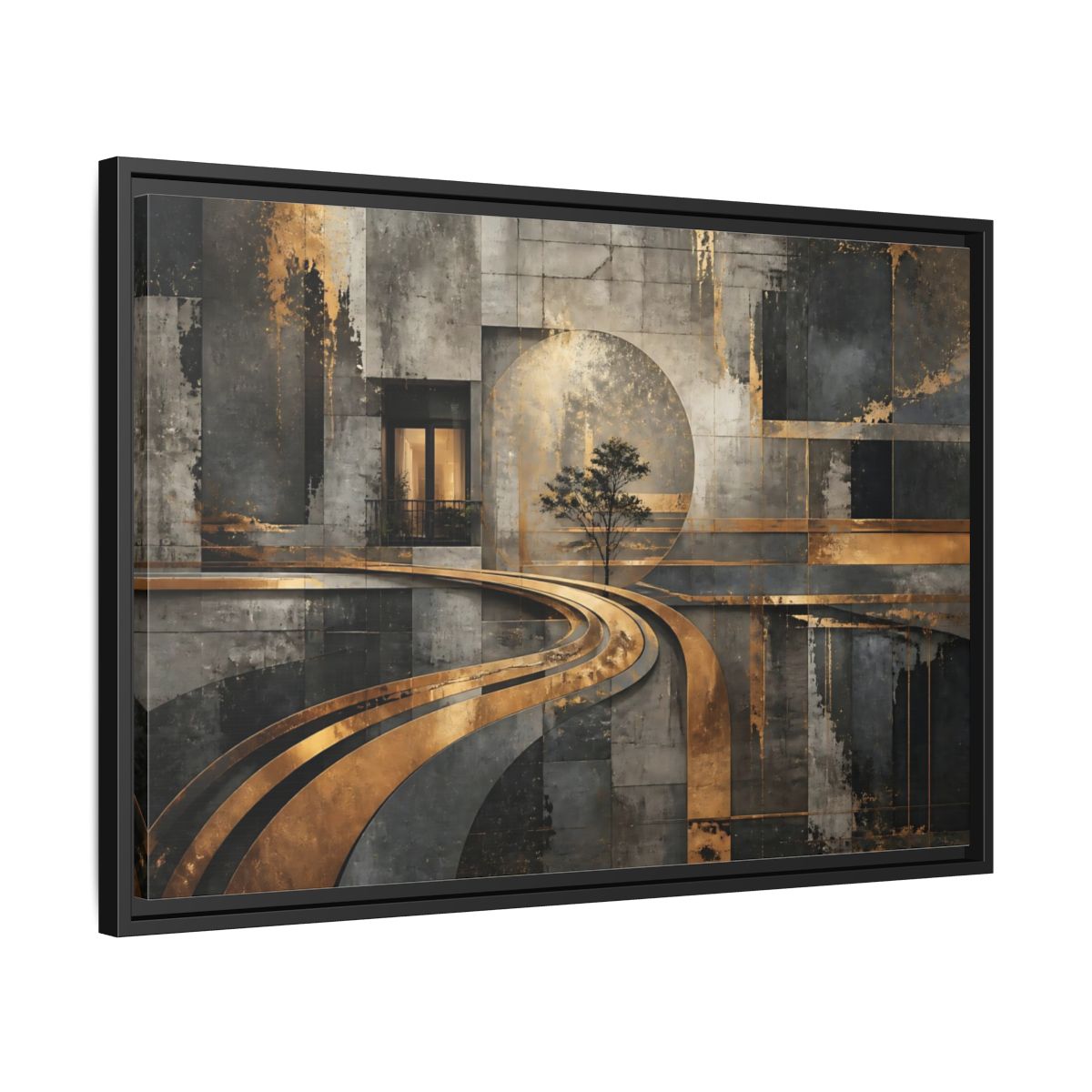 Side Mockup 14. Gilded Urban Passage shown as framed canvas print