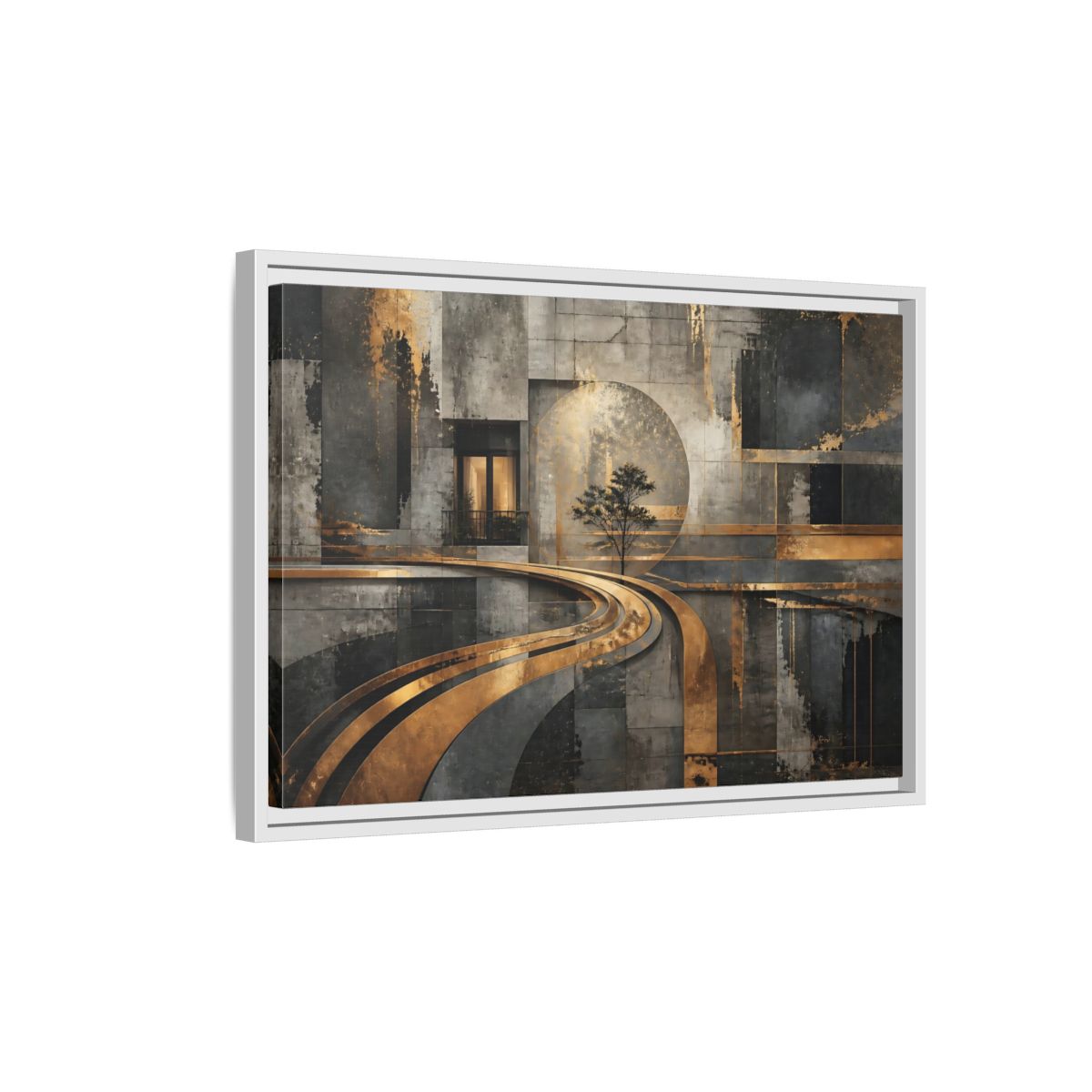 Side Mockup 1. Gilded Urban Passage shown as framed canvas print