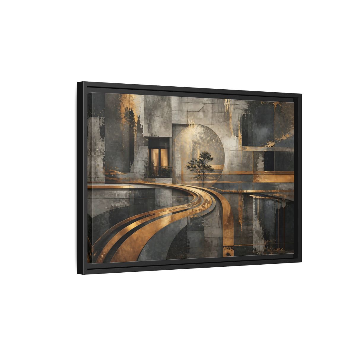 Side Mockup 3. Gilded Urban Passage shown as framed canvas print