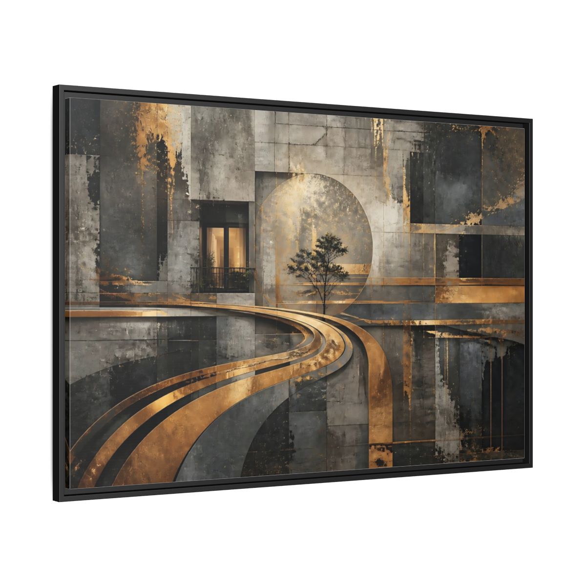Side Mockup 12. Gilded Urban Passage shown as framed canvas print