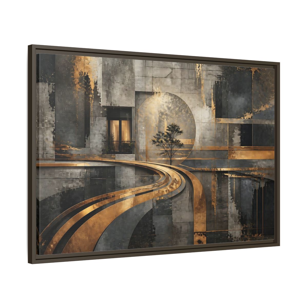 Main Mockup. Gilded Urban Passage shown as framed canvas print