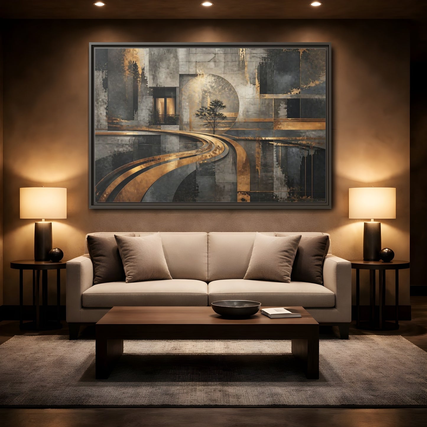 Mockup 2. Gilded Urban Passage shown as framed canvas print