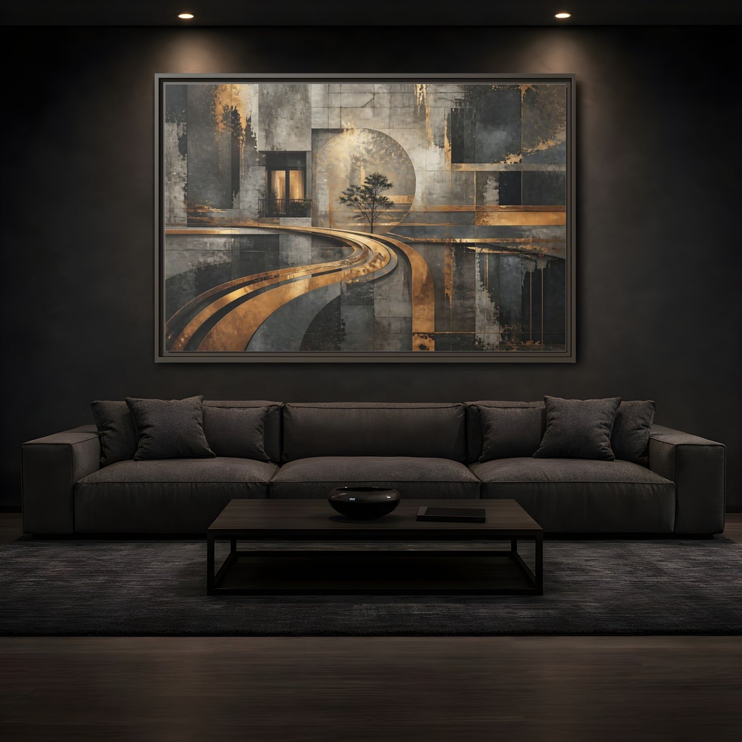 Mockup 3. Gilded Urban Passage shown as framed canvas print