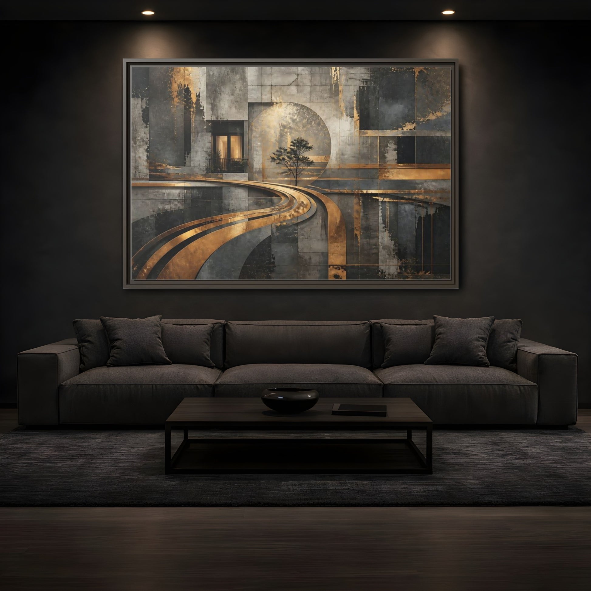 Mockup 3. Gilded Urban Passage shown as framed canvas print