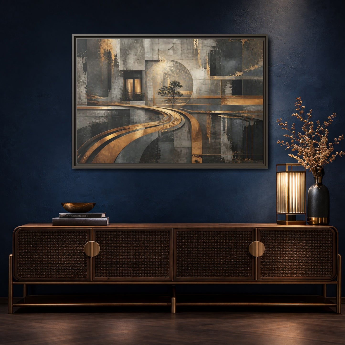 Mockup 4. Gilded Urban Passage shown as framed canvas print