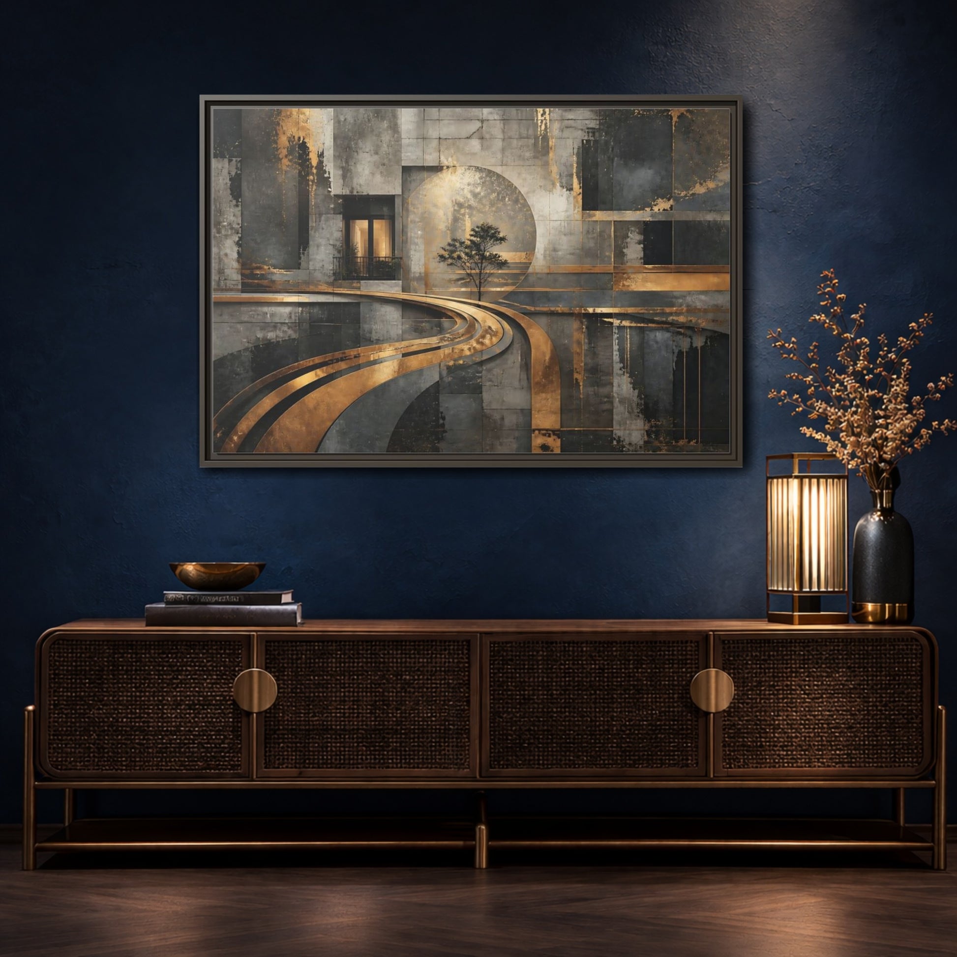 Mockup 4. Gilded Urban Passage shown as framed canvas print