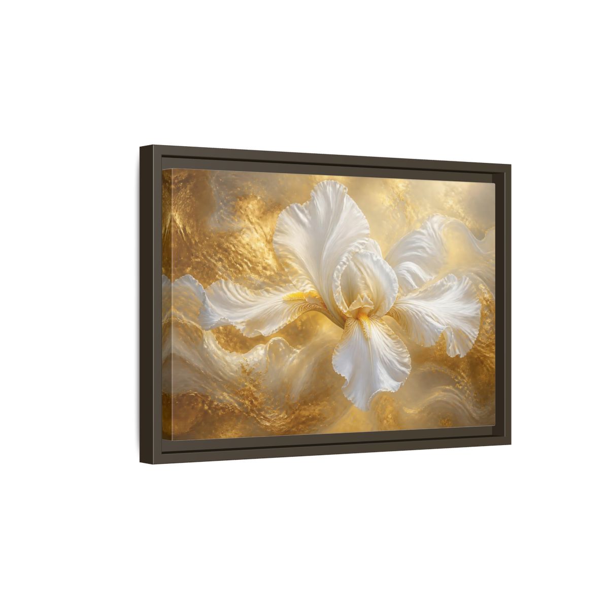 Side Mockup 5. Gilded White Iris shown as framed canvas print
