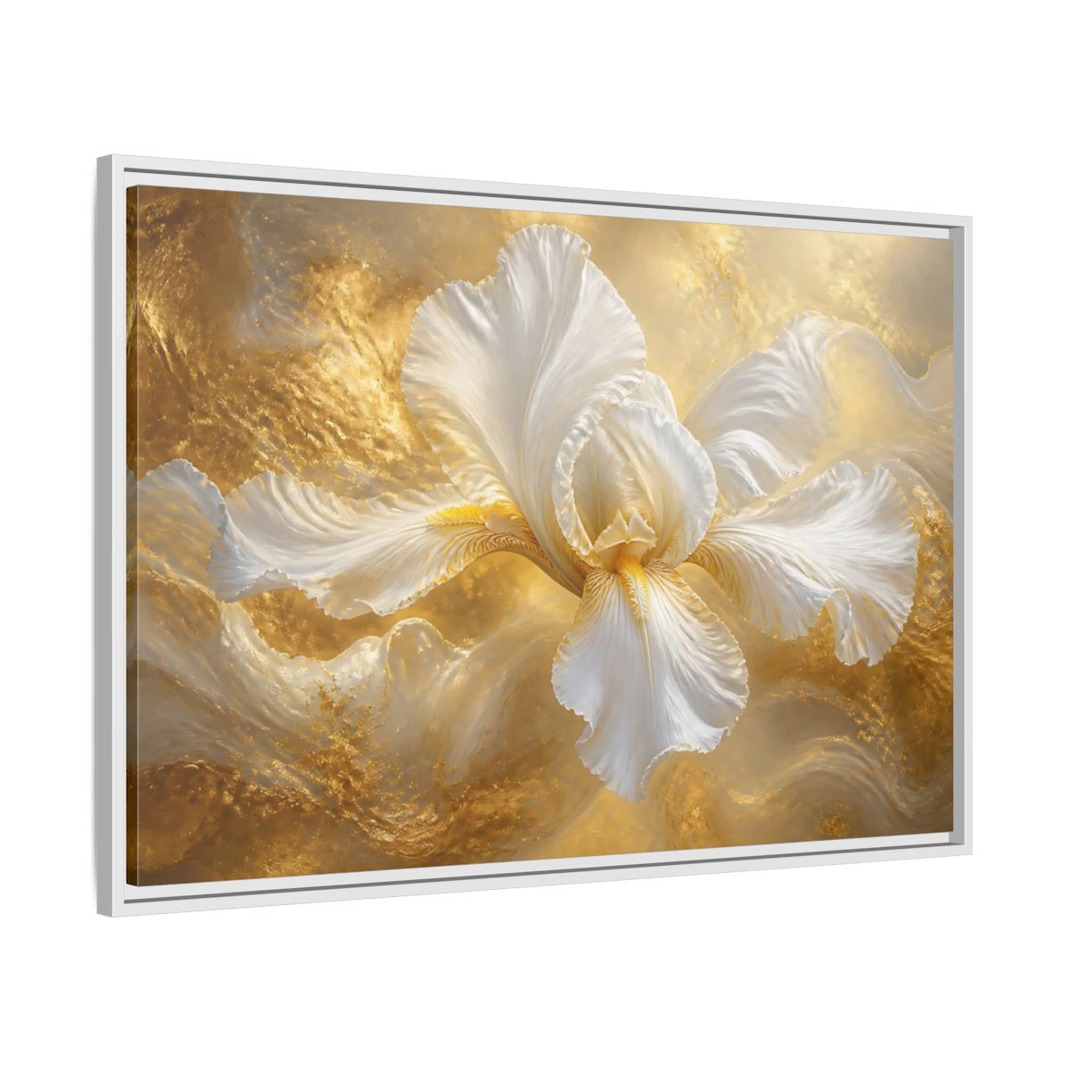 Side Mockup 9. Gilded White Iris shown as framed canvas print