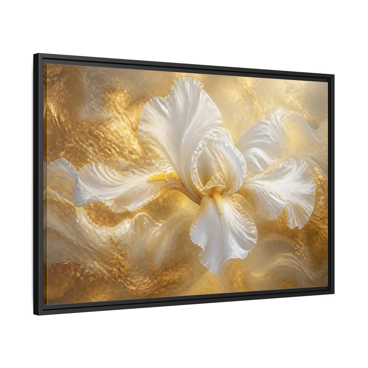 Side Mockup 13. Gilded White Iris shown as framed canvas print