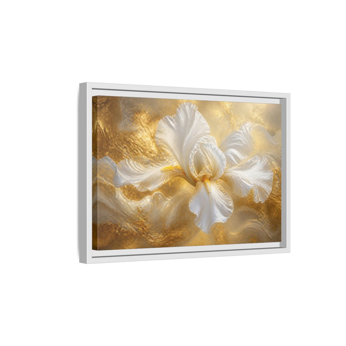 Side Mockup 4. Gilded White Iris shown as framed canvas print