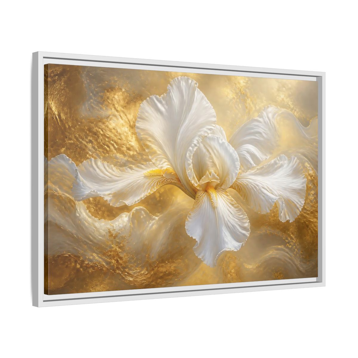 Side Mockup 10. Gilded White Iris shown as framed canvas print
