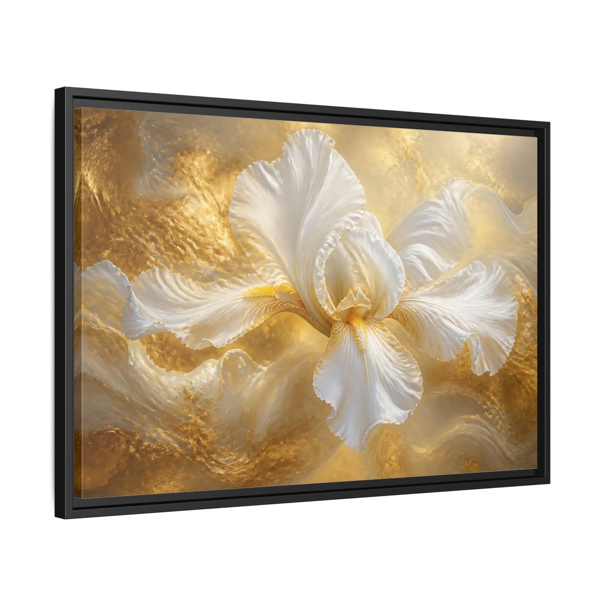 Side Mockup 14. Gilded White Iris shown as framed canvas print