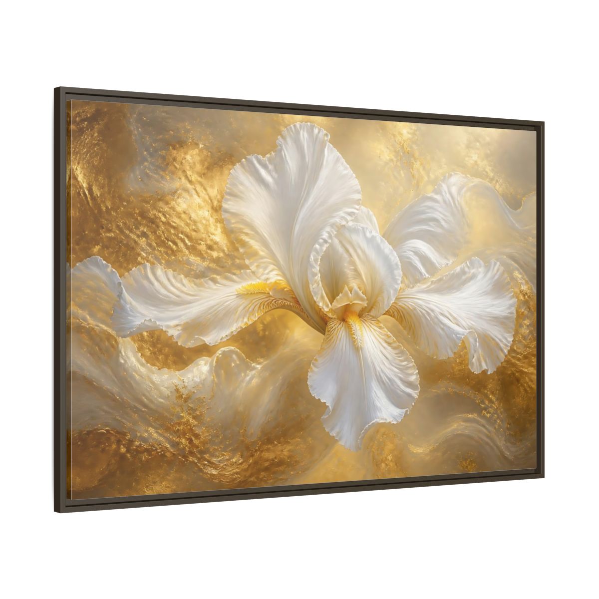 Side Mockup 8. Gilded White Iris shown as framed canvas print