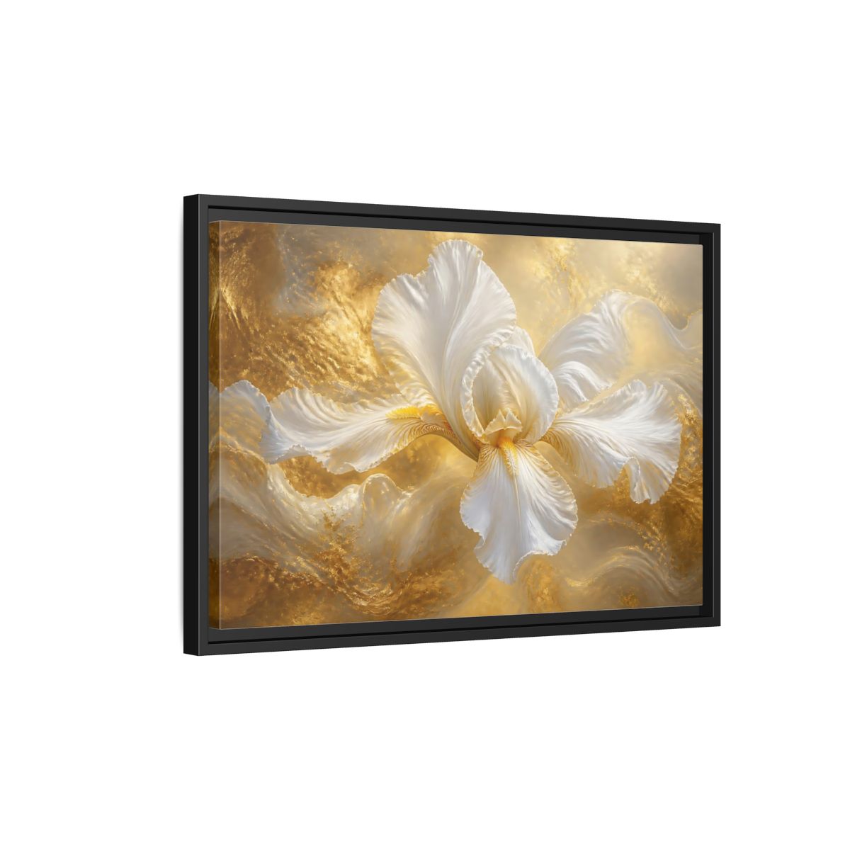 Side Mockup 3. Gilded White Iris shown as framed canvas print