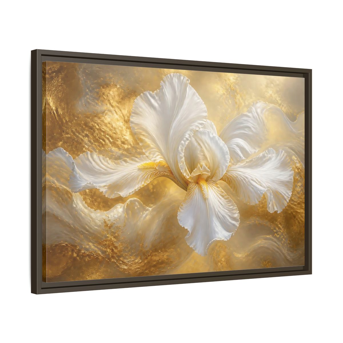 Side Mockup 11. Gilded White Iris shown as framed canvas print
