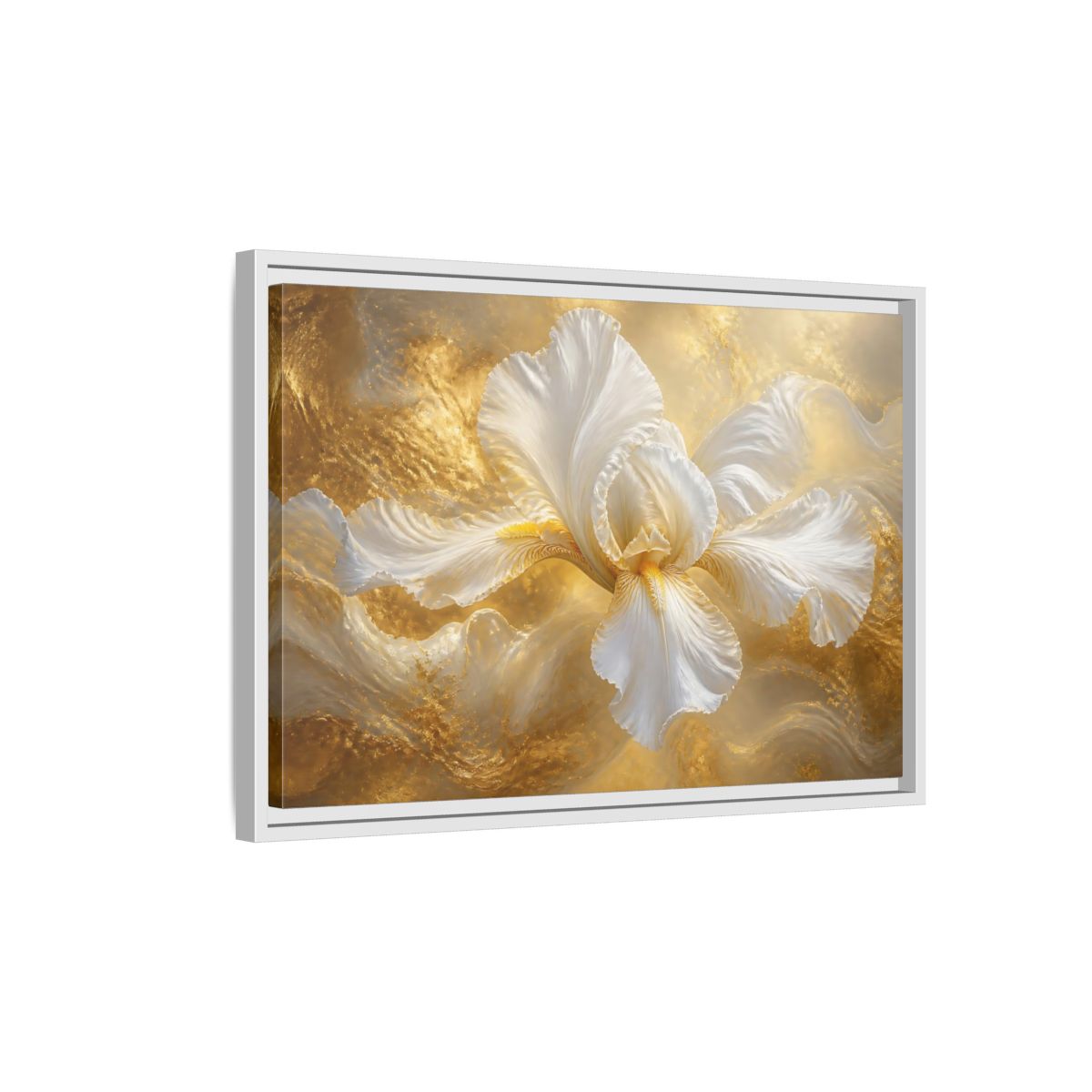 Side Mockup 1. Gilded White Iris shown as framed canvas print