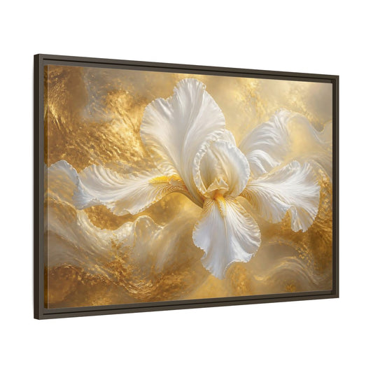 Main Mockup. Gilded White Iris shown as framed canvas print