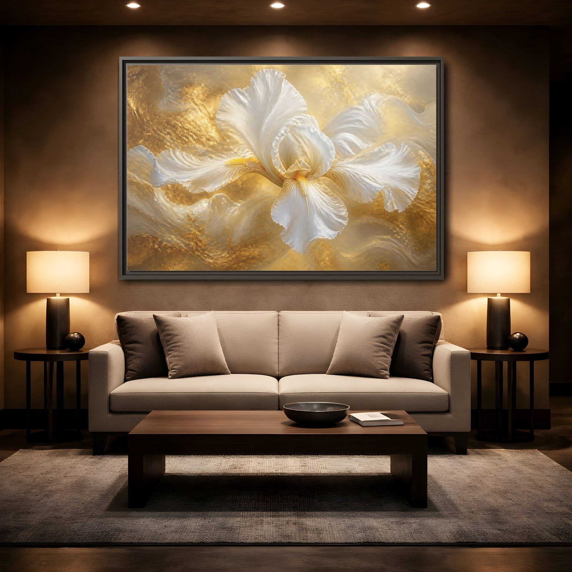 Mockup 2. Gilded White Iris shown as framed canvas print