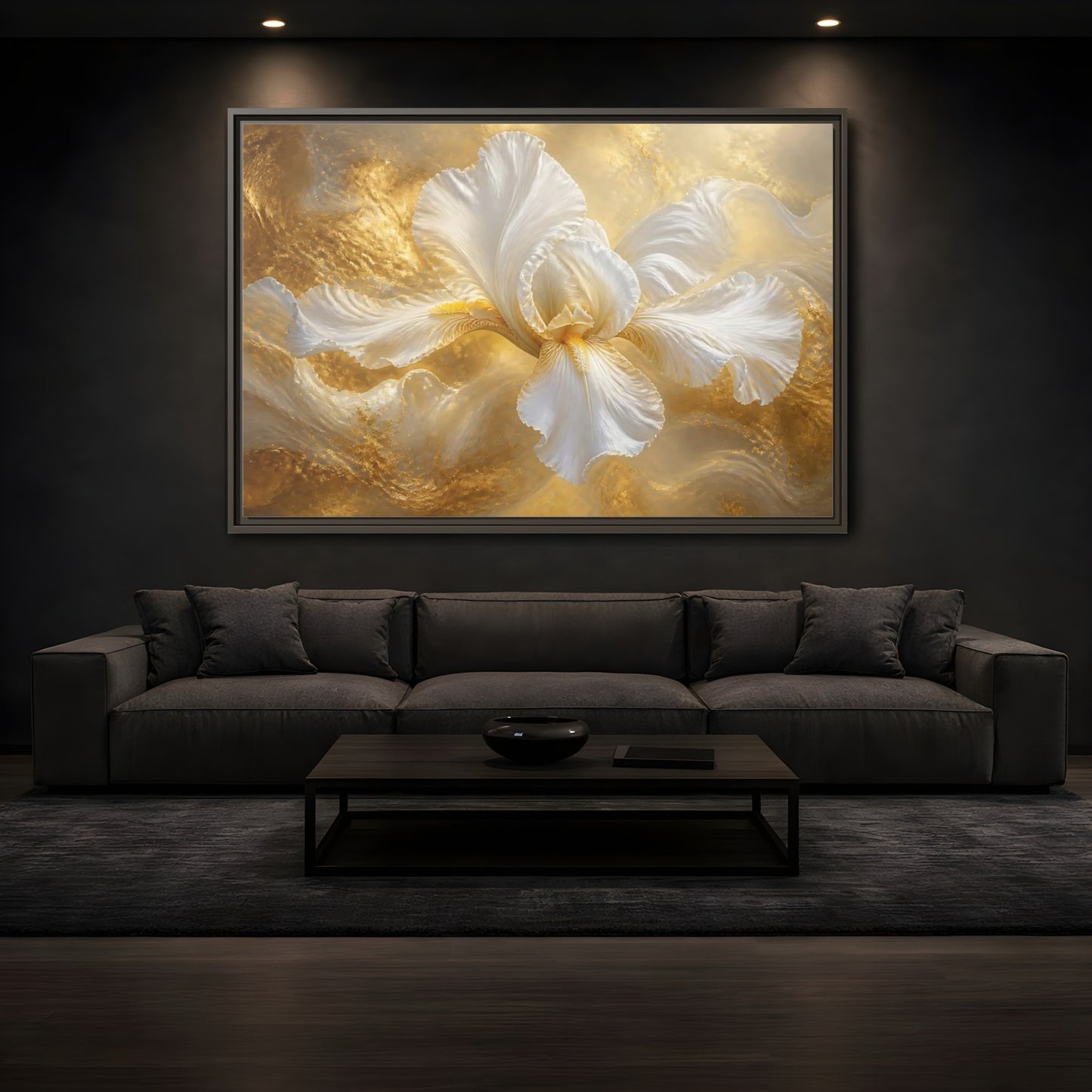 Mockup 3. Gilded White Iris shown as framed canvas print