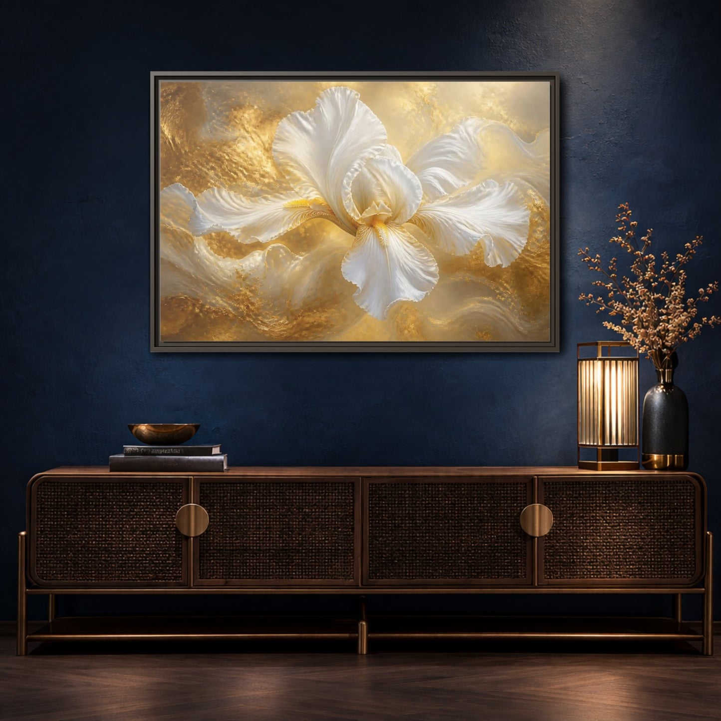 Mockup 4. Gilded White Iris shown as framed canvas print