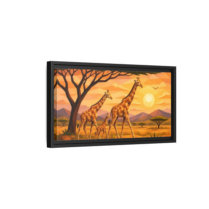 Side Mockup 8. Giraffe Family Animals Sunset shown as framed canvas print