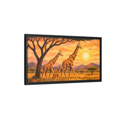 Side Mockup 2. Giraffe Family Animals Sunset shown as framed canvas print