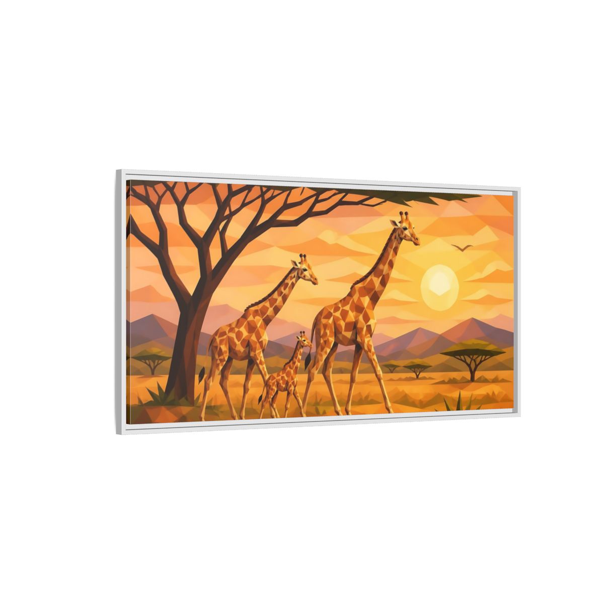Side Mockup 3. Giraffe Family Animals Sunset shown as framed canvas print