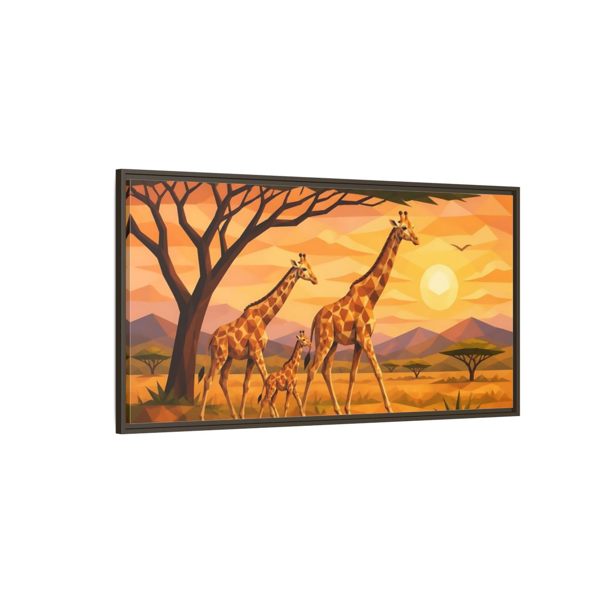 Side Mockup 4. Giraffe Family Animals Sunset shown as framed canvas print