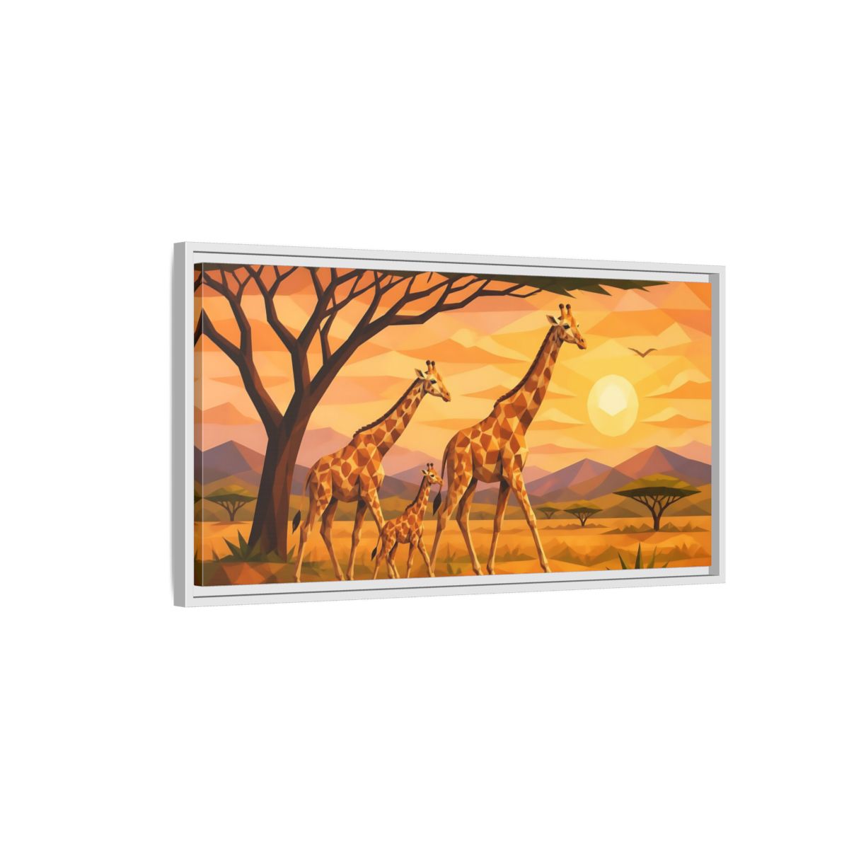 Side Mockup 1. Giraffe Family Animals Sunset shown as framed canvas print