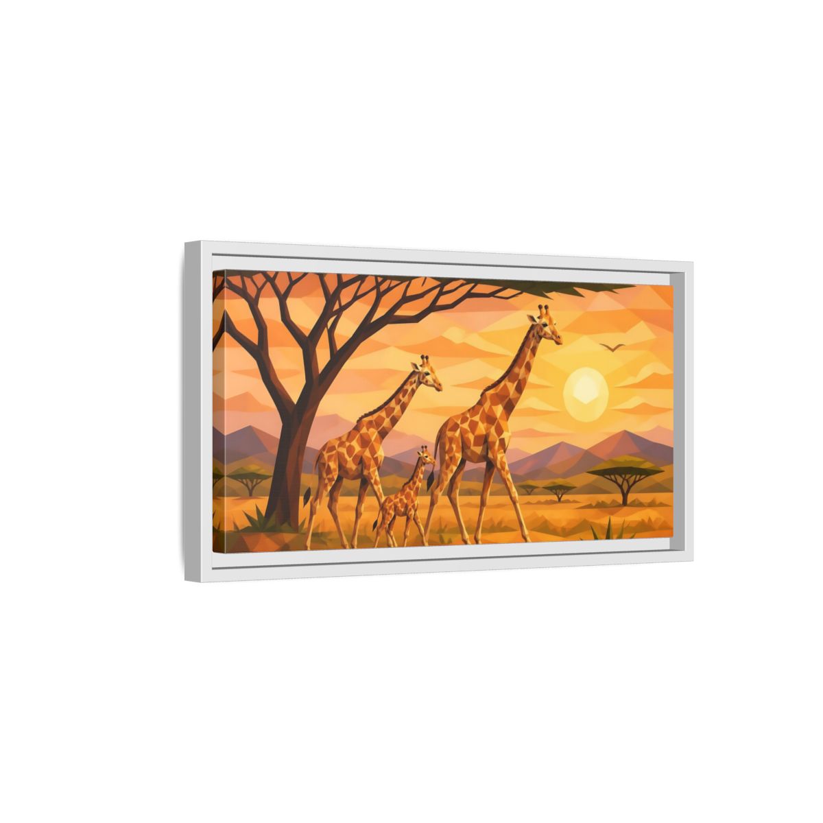 Side Mockup 6. Giraffe Family Animals Sunset shown as framed canvas print