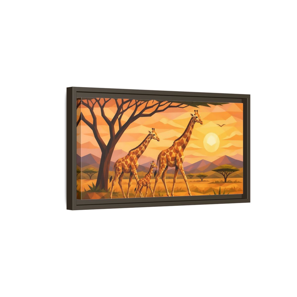 Side Mockup 7. Giraffe Family Animals Sunset shown as framed canvas print