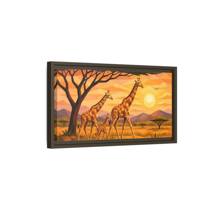 Side Mockup 7. Giraffe Family Animals Sunset shown as framed canvas print