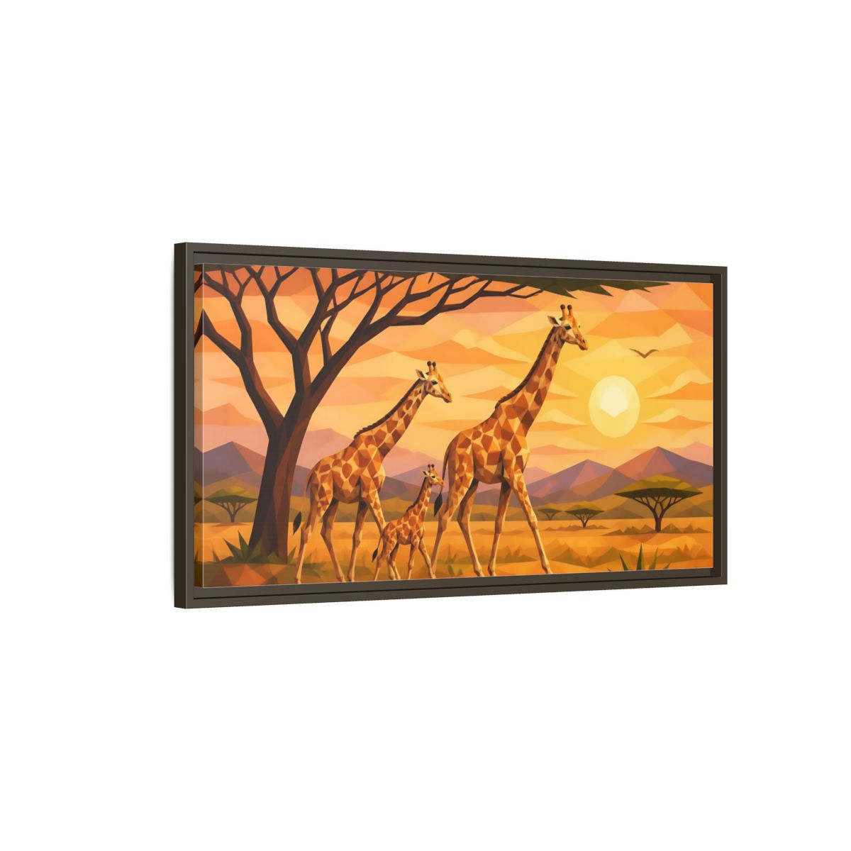 Main Mockup. Giraffe Family Animals Sunset shown as framed canvas print